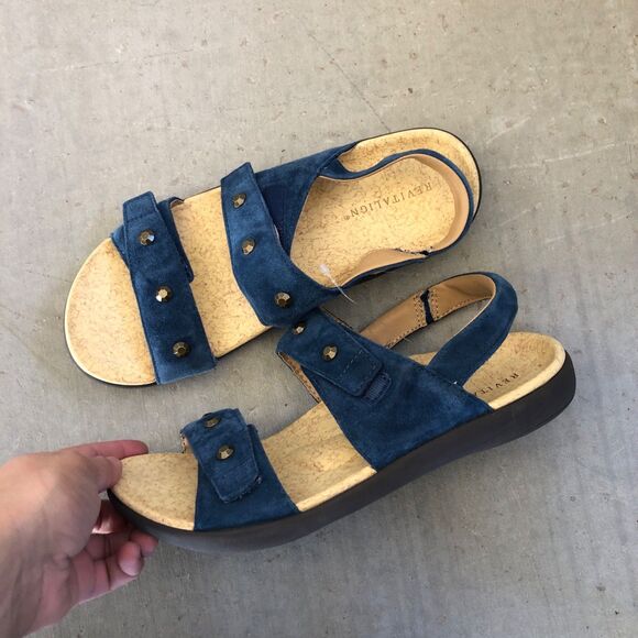 Revitalign Women’s 10 Blue Suede Comfort Sandals Orthotic Cork Footbed Slip-On - Picture 4 of 12